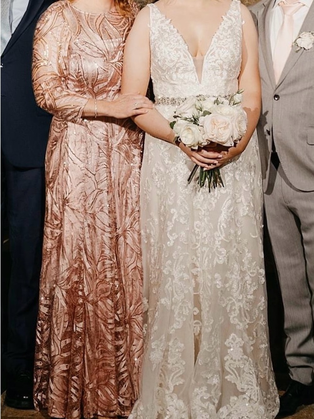 Tahari Sheer Sequin Embroidered Formal with Long Sleeves in Rose Gold